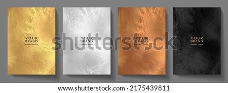 Abstract plush (fur) cover design set. Creative fashionable background with gold, black line pattern. Trendy vector collection for catalog, brochure template, magazine layout, beauty booklet
