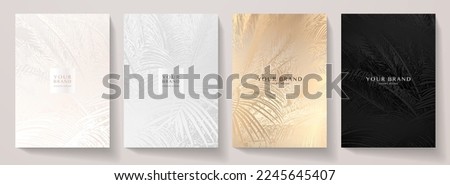 Tropical cover design set with palm leaf pattern (silver, black, gold palm tree leaves). Premium vector background useful for brochure template, exotic restaurant menu, invitation