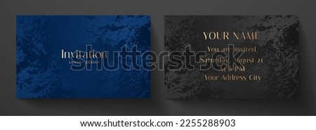 Invitation card with luxury marble texture in blue, black color. Formal premium background template for invite design, prestigious Gift card, voucher or luxe name card