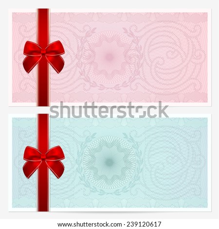 Gift certificate, Voucher, Coupon template with colorful guilloche pattern (watermark), red bow. Pink background for banknote, money design, currency, note, check (cheque), ticket, reward