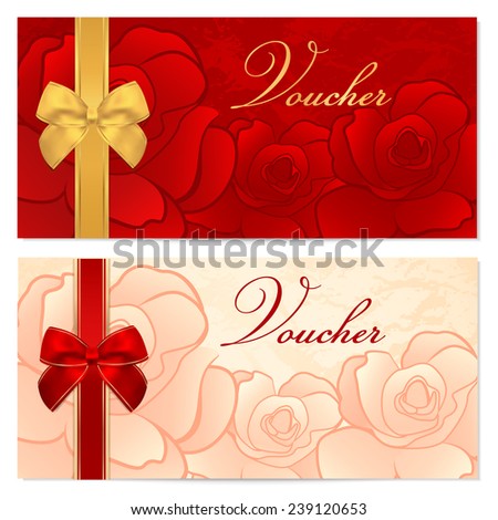 Voucher, Gift certificate, Coupon template with floral rose pattern (flower), red and gold bow. Background for invitation, money design, currency, note, check (cheque), ticket, reward on birthday etc.