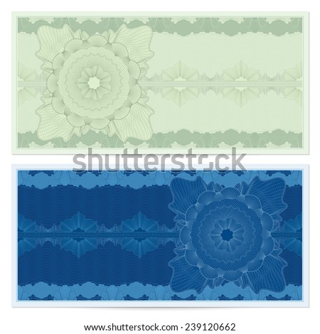Voucher, Gift certificate, Coupon, ticket template. Guilloche pattern (watermark, spirograph). Green, blue background for banknote, money design, currency, bank note, check (cheque), ticket