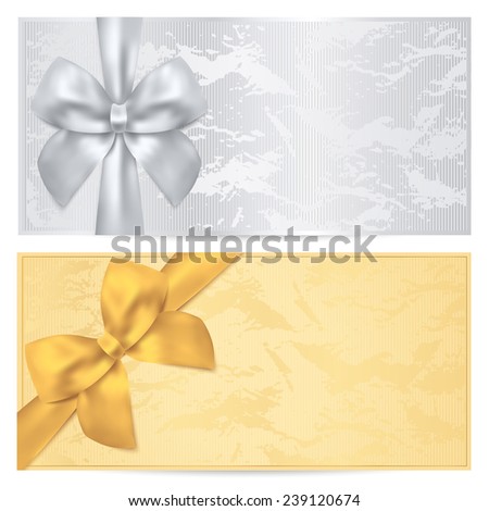 Voucher, Gift certificate, Coupon template. Old pattern with gold bow. Silver background design for invitation, ticket, banknote, money design, currency, check (cheque), reward on birthday, christmas
