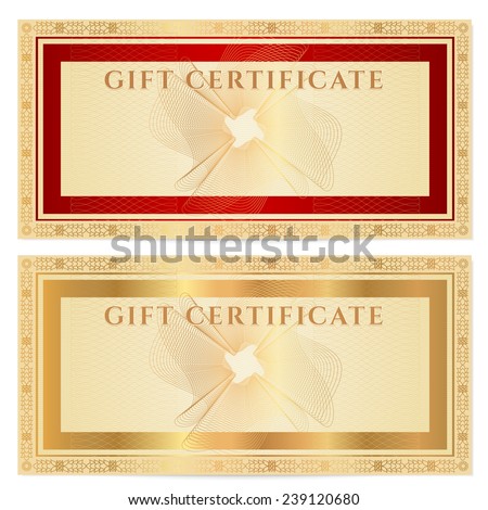 Voucher, Gift certificate, Coupon, ticket template. Guilloche pattern (watermark) with gold floral border, red frame. Vector background for banknote, money design, currency, bank note, check (cheque)