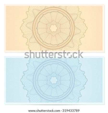 Voucher, Gift certificate, Coupon, ticket template. Guilloche pattern (watermark, spirograph). Blank background for banknote, money design, currency, bank note, check (cheque), ticket