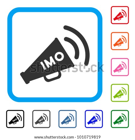 Imo Megaphone Alert icon. Flat grey pictogram symbol inside a blue rounded frame. Black, gray, green, blue, red, pink color variants of imo megaphone alert vector.