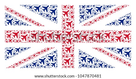 UK Flag collage composed of air plane elements. Vector air plane elements are combined into conceptual UK flag composition.