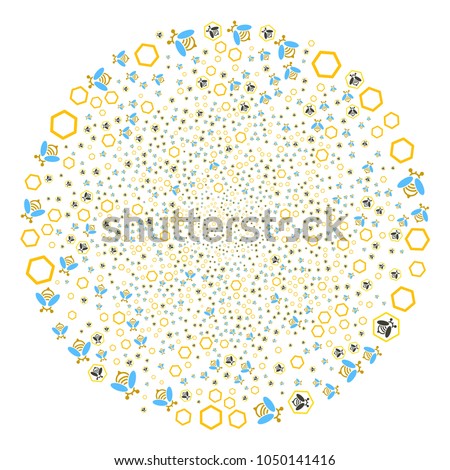 Honey Bee swirl spheric cluster. Object spiral combined from randomized honey bee symbols. Vector illustration style is flat iconic symbols.