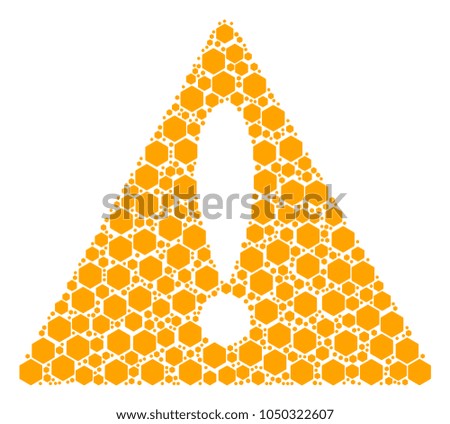 Hazard Sign composition done of filled hexagon pictograms. Vector filled hexagon pictograms are composed into mosaic hazard triangle sign illustration.