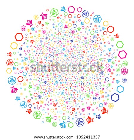 Multicolored Honey Bee sparkler round cluster. Vector spheric cluster burst created from random honey bee objects. Colorful Vector abstraction.