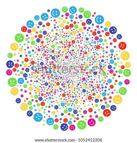 Psychedelic Happy And Pity Smiley sparked round cluster. Vector sphere explosion created with random happy and pity smiley symbols. Multi Colored Vector illustration.