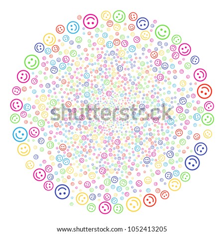 Colorful Glad Smiley exploding round cluster. Vector spheric cluster bang created with scattered glad smiley objects. Psychedelic Vector illustration.