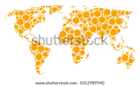 World map pattern constructed of filled hexagon icons. Vector filled hexagon design elements are united into conceptual earth collage.