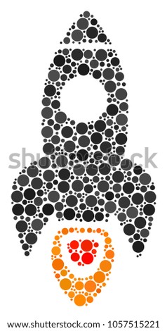 Space Rocket composition of round dots in variable sizes and color tones. Dots are organized into space rocket vector composition. Vector design concept.