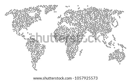 Continental composition map organized of airplane pictograms. Vector airplane scattered flat elements are composed into geometric continent composition.