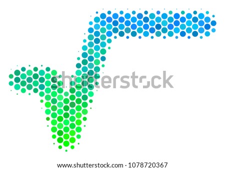 Halftone dot Sqrt pictogram. Pictogram in green and blue color tones on a white background. Vector mosaic of sqrt icon constructed of sphere pixels.