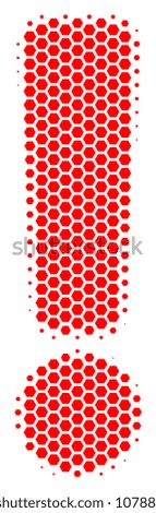 Halftone hexagon Exclamation Sign icon. Pictogram on a white background. Vector composition of exclamation sign icon done of hexagon pixels.