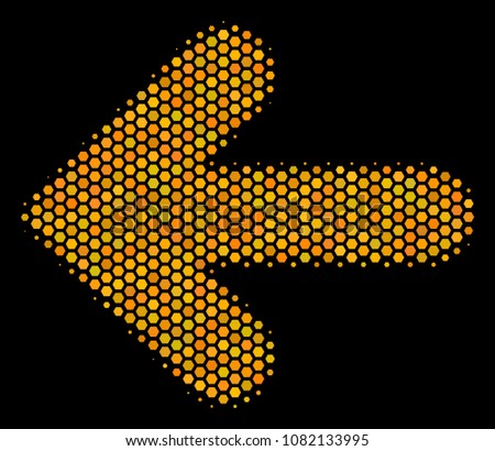 Halftone hexagonal Arrow Left icon. Bright golden pictogram with honeycomb geometric structure on a black background. Vector collage of arrow left icon created of hexagonal pixels.
