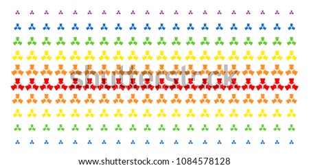 Shrink Arrows icon rainbow colored halftone pattern. Vector pictograms arranged into halftone matrix with vertical spectral gradient. Designed for backgrounds, covers, templates and abstract concepts.