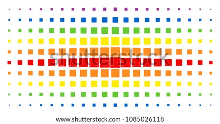 Filled square icon spectrum halftone pattern. Vector filled square items are arranged into halftone matrix with vertical rainbow colors gradient. Designed for backgrounds, covers,