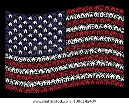 Home icons are combined into waving American flag abstraction on a dark background. Vector composition of American state flag is formed of home elements.