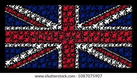 UK Flag composition combined of jet fighter design elements on a dark background. Vector jet fighter icons are composed into conceptual UK flag illustration.