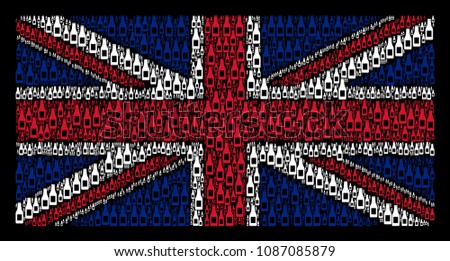 British State Flag collage organized of beer bottle design elements on a dark background. Vector beer bottle icons are organized into conceptual Great Britain flag pattern.