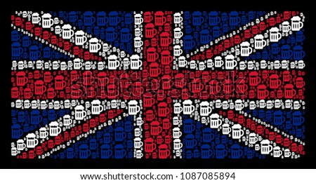 English Flag collage made of beer glass design elements on a dark background. Vector beer glass design elements are composed into mosaic UK flag illustration.