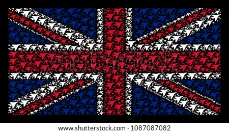 United Kingdom State Flag mosaic constructed of airplane intercepter pictograms on a dark background. Vector airplane intercepter elements are united into mosaic United Kingdom flag illustration.