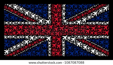 United Kingdom Flag pattern organized of air plane icons on a dark background. Vector air plane pictograms are combined into conceptual English flag composition.
