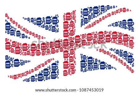 Waving British flag collage made of beer glass design elements. Vector beer glass icons are organized into conceptual UK flag composition.