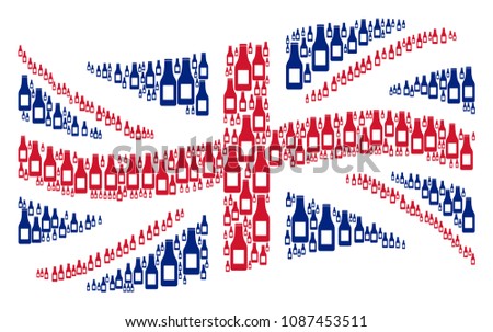 Waving United Kingdom official flag collage done of beer bottle icons. Vector beer bottle design elements are combined into geometric Great Britain flag collage.