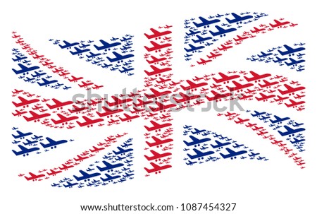 Waving United Kingdom state flag mosaic done of aiplane pictograms. Vector aiplane pictograms are united into mosaic English flag collage.