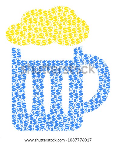 Beer glass mosaic of dollars and round dots. Vector dollar pictograms are united into beer glass composition.