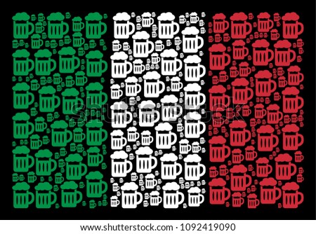 Italian flag flat mosaic combined with beer glass icons on a black background. Vector beer glass design elements are united into conceptual Italy flag pattern.