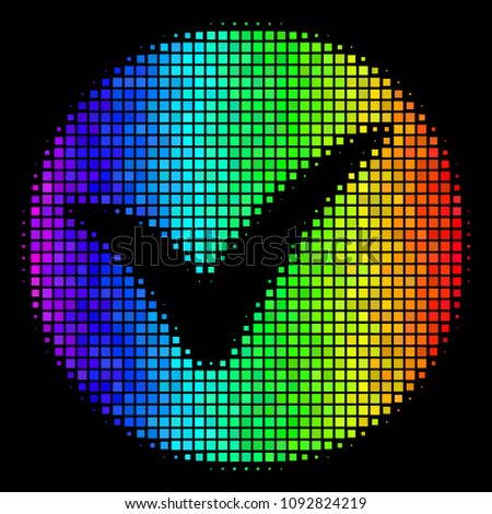 Dot bright halftone apply icon drawn with rainbow color hues with horizontal gradient on a black background. Bright vector concept of apply illustration organized of square dots.