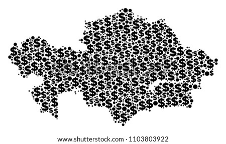 Kazakhstan map collage of money signs and round dots in different sizes. Abstract vector monetary and GDP Kazakhstan map.