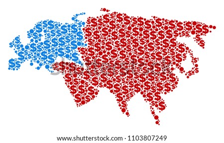 Europe and Asia map mosaic of money signs and sphere spots in variable sizes. Abstract vector banking and GDP Europe and Asia map.