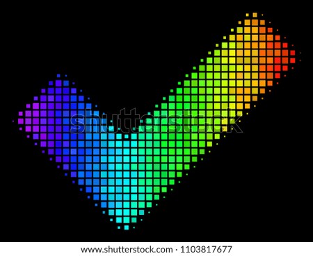 Pixel impressive halftone yes icon drawn with rainbow color tints with horizontal gradient on a black background. Colorful vector mosaic of yes pictogram combined from square points.