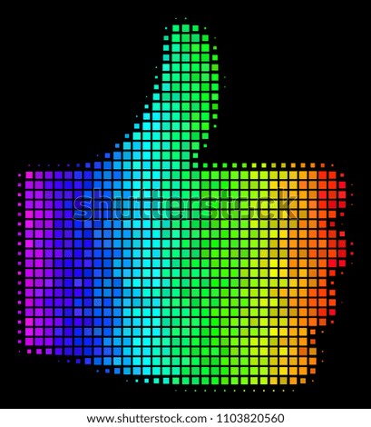 Pixelated colorful halftone thumb up icon using spectrum color tints with horizontal gradient on a black background. Color vector mosaic of thumb up pictogram organized with rectangle matrix cells.