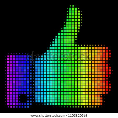 Dotted colorful halftone thumb up icon drawn with rainbow color tints with horizontal gradient on a black background. Colored vector collage of thumb up symbol constructed of rectangular points.