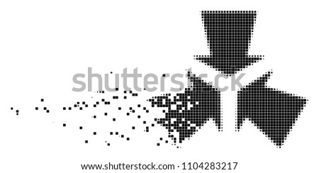 Dispersed shrink arrows dotted vector icon with disintegration effect. Rectangular dots are organized into dissipated shrink arrows figure.