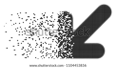 Fractured arrow down left dotted vector icon with disintegration effect. Rectangular fragments are grouped into dissipated arrow down left shape.