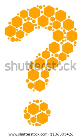 Query mosaic created of filled hexagon components. Vector filled hexagon icons are organized into question mark composition.