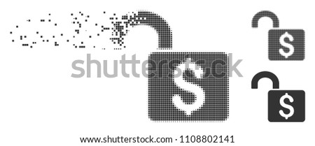 Fractured open banking lock pixel icon with disintegration effect. Halftone pixelated and intact entire grey variants are included.