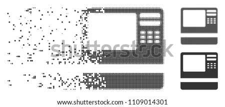 Dissolved bank ATM dotted icon with disintegration effect. Halftone pixelated and intact entire gray versions. Dots have rectangle shape. Points are combined into dissipated bank ATM shape.