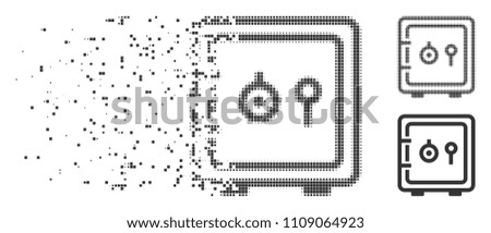 Dissolved safe dotted icon with disintegration effect. Halftone dotted and undamaged entire gray variants. Dots have rectangular shape. Points are combined into dispersed safe form.