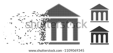 Gray vector museum building icon in fractured, dotted halftone and undamaged solid variants. Rectangular particles are used for disintegration effect.