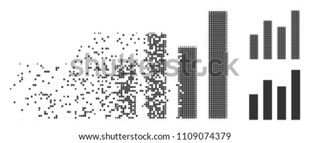 Dispersed bar graph dotted icon with disintegration effect. Halftone pixelated and undamaged entire grey versions. Dots have rectangular shape. Fragments are organized into dissipated bar graph shape.