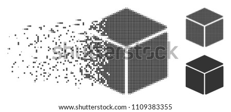 Grey vector cube icon in dissolved, pixelated halftone and undamaged entire variants. Disappearing effect involves rectangle dots. Fragments are arranged into dissolving cube pictogram.